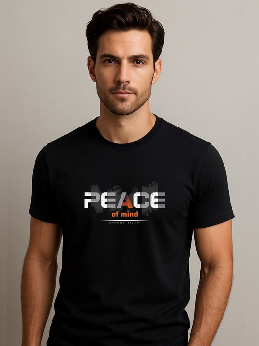 LUSSOVOGUE Black 100% Cotton Regular Fit T-Shirt with “Peace of Mind” Chest Print