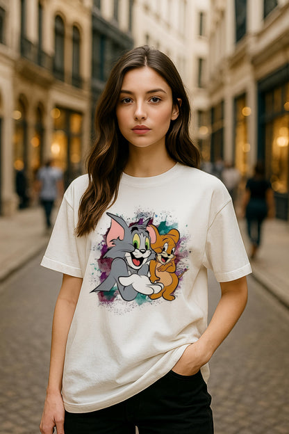 Tom & Jerry Oversized Graphic T-Shirt – White | Unisex Cotton Tee