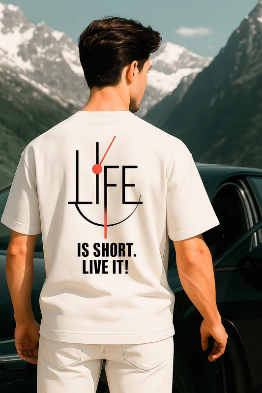LUSSOVOGUE Oversized Off-White T-Shirt with Motivational Back Print – Life Is Short, Live It!