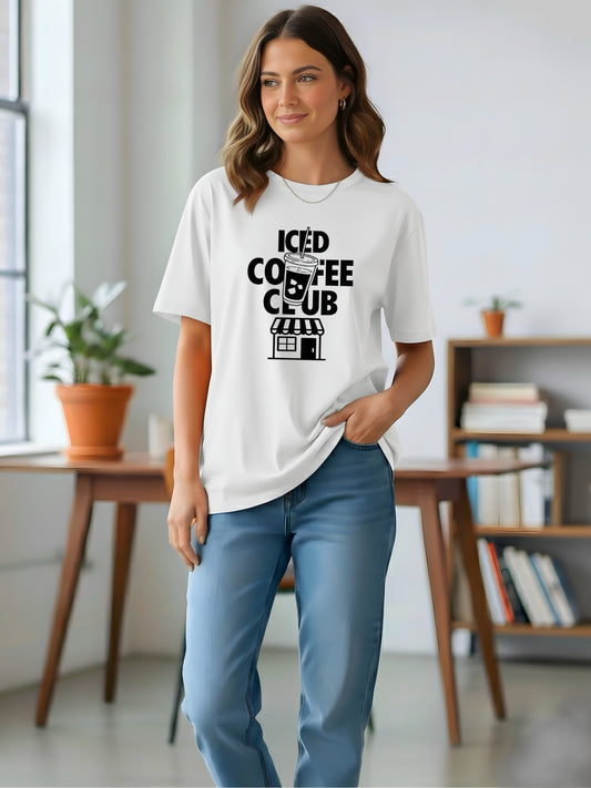 LUSSOVOGUE Women’s White Oversized T-Shirt | Premium Cotton “Iced Coffee Club” Graphic