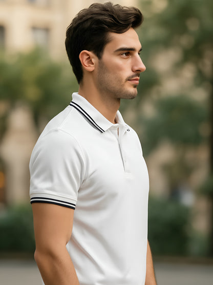 LUSSOVOGUE White Polo T-Shirt for Men | Premium Cotton-Blend, Plain No-Pocket, Regular Fit