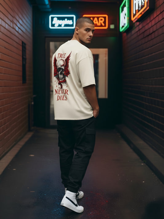 LUSSOVOGUE Off-White Oversized T-Shirt | Premium Cotton with Skull & Wings Back Print