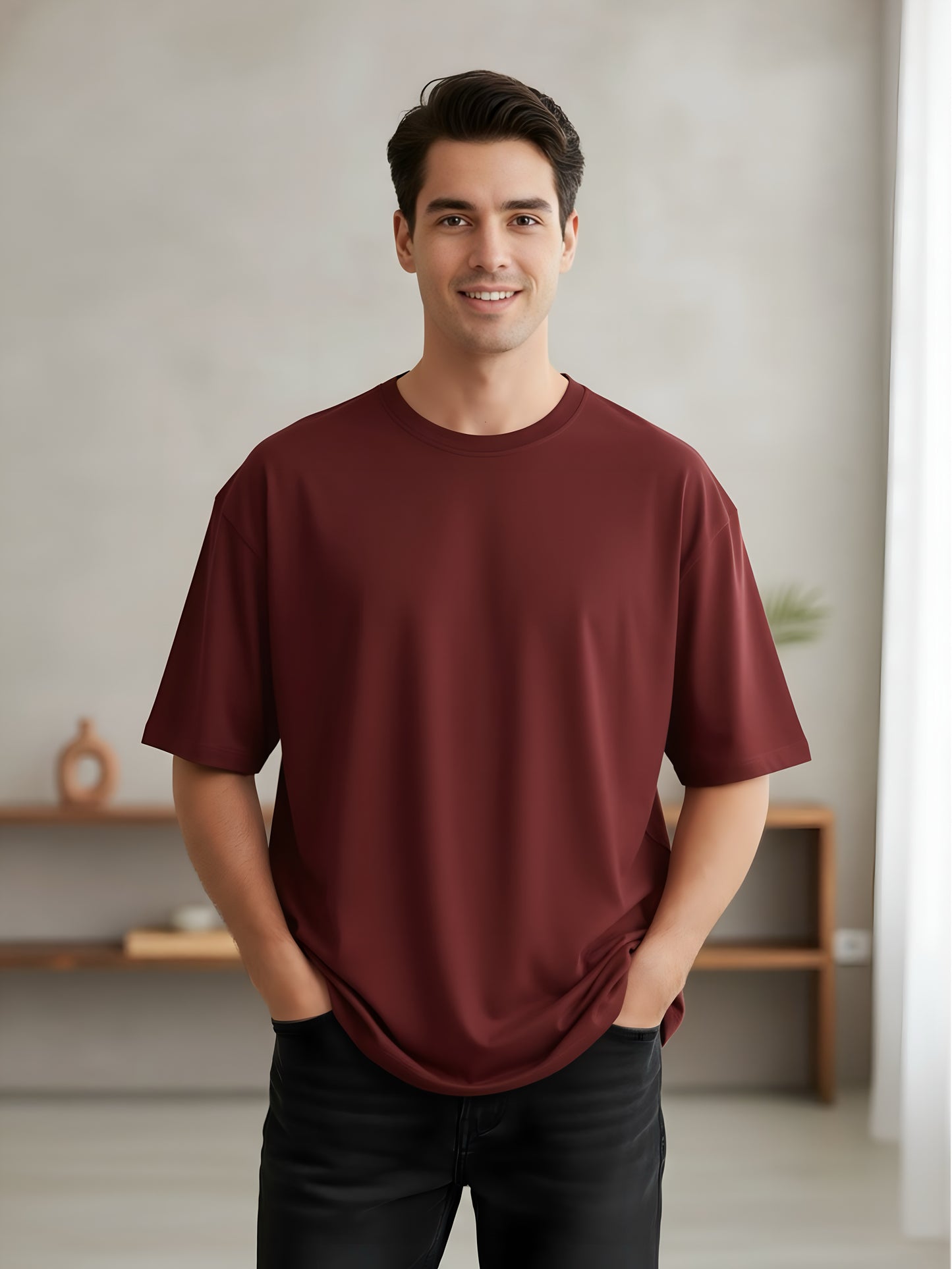 LUSSOVOGUE Men’s Oversized T-Shirt | Maroon | 100% Premium Cotton | Relaxed Streetwear Fit