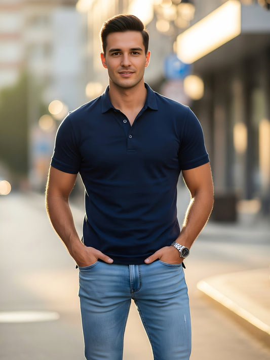 LUSSOVOGUE Men’s Navy Blue Polo T-Shirt | Premium Cotton Blend | Classic 3-Button Regular Fit | Casual & Office Wear
