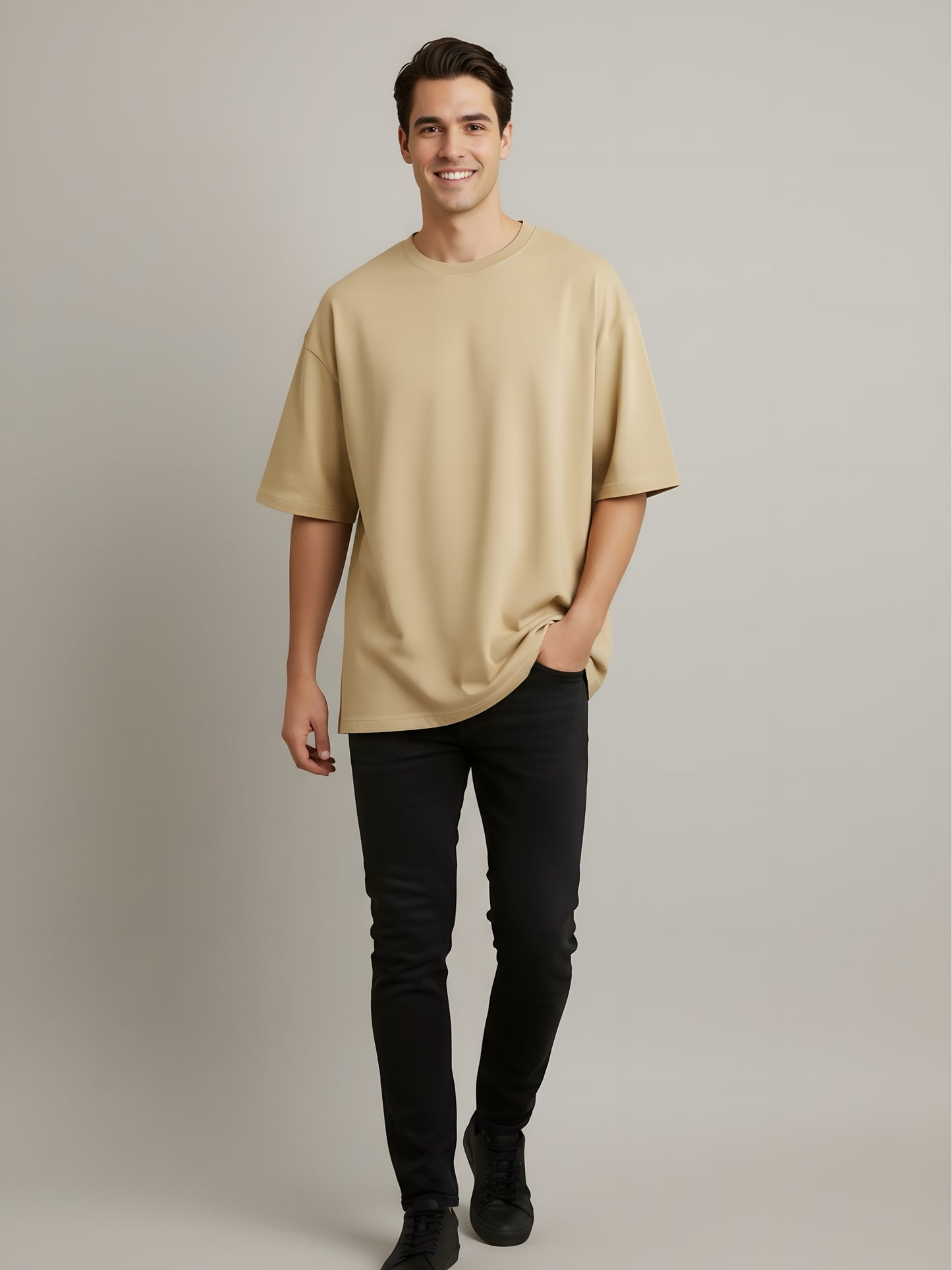 LUSSOVOGUE Men’s Oversized T-Shirt | Beige | 100% Premium Cotton | Relaxed Streetwear Fit