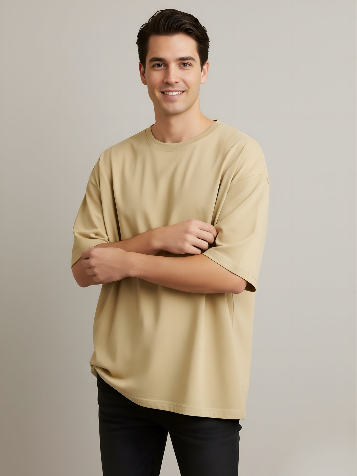 LUSSOVOGUE Men’s Oversized T-Shirt | Beige | 100% Premium Cotton | Relaxed Streetwear Fit