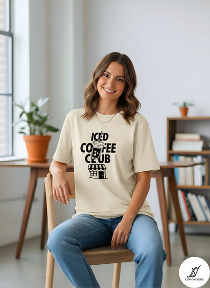 LUSSOVOGUE Women’s Oversized “Iced Coffee Club” T-Shirt Collection | Peach, Off-White, Sage Green & White | Premium Cotton