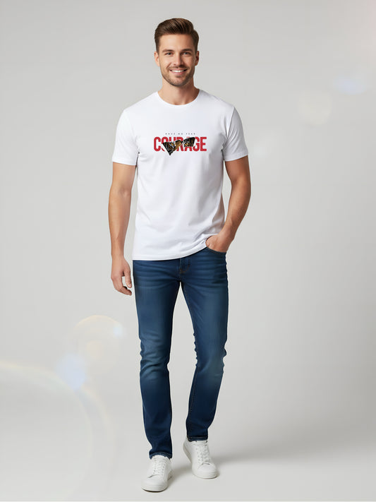LUSSOVOGUE Men’s Premium 100% Cotton Regular Fit T-Shirt | White Courage Graphic Tee | Fearless & Stylish