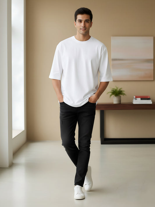 LUSSOVOGUE Men’s Oversized T-Shirt | White | 100% Premium Cotton | Relaxed Streetwear Fit