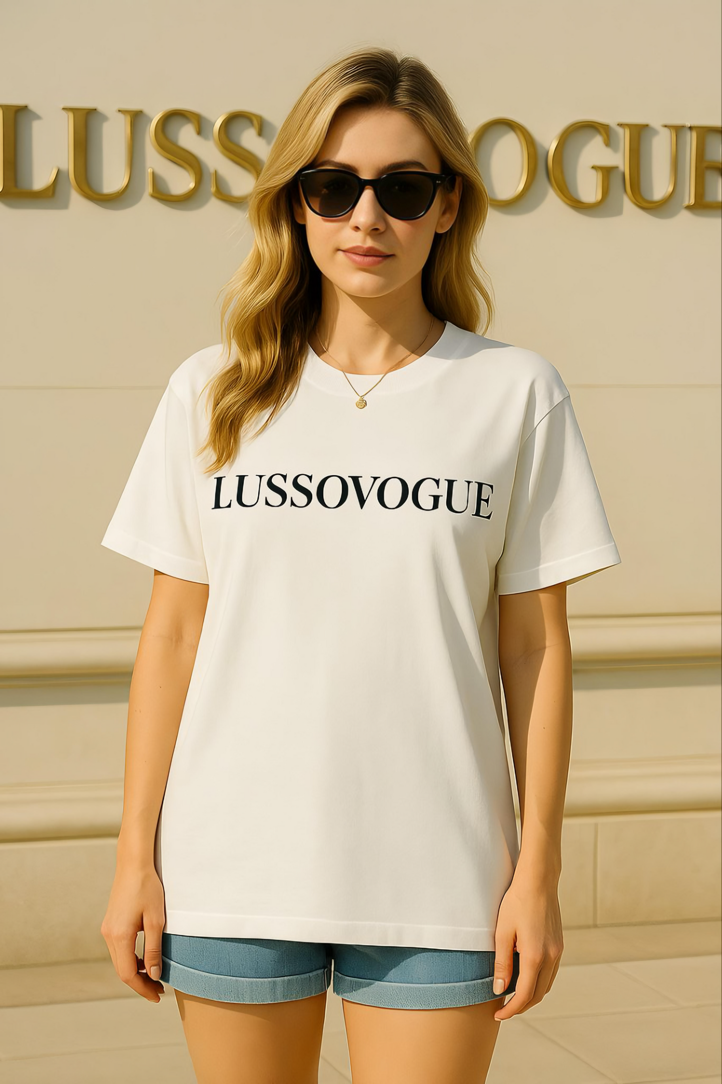 Oversized White T-Shirt with Golden Flower Back Print – Premium Cotton Unisex Tee by Lussovogue