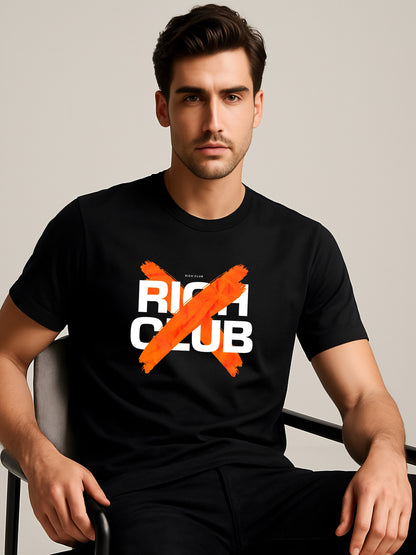 LUSSOVOGUE Black 100% Cotton Regular Fit "Rich Club" Graphic T-Shirt