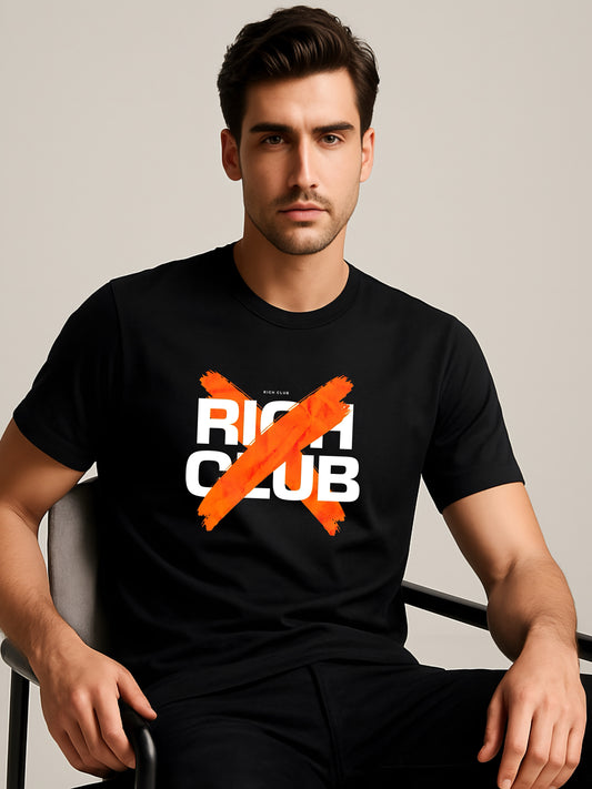 LUSSOVOGUE Black 100% Cotton Regular Fit "Rich Club" Graphic T-Shirt