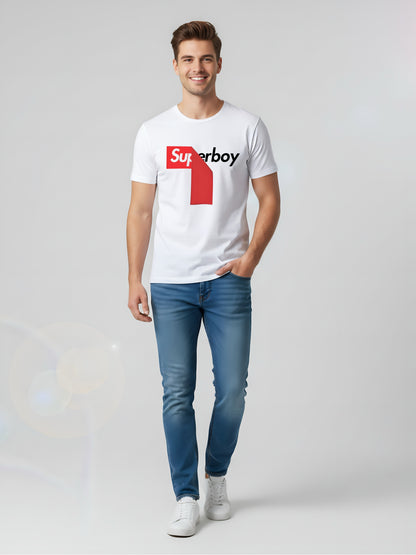 LUSSOVOGUE Men’s Premium White Superboy T-Shirt | 100% Cotton | Bold Graphic Casual Wear