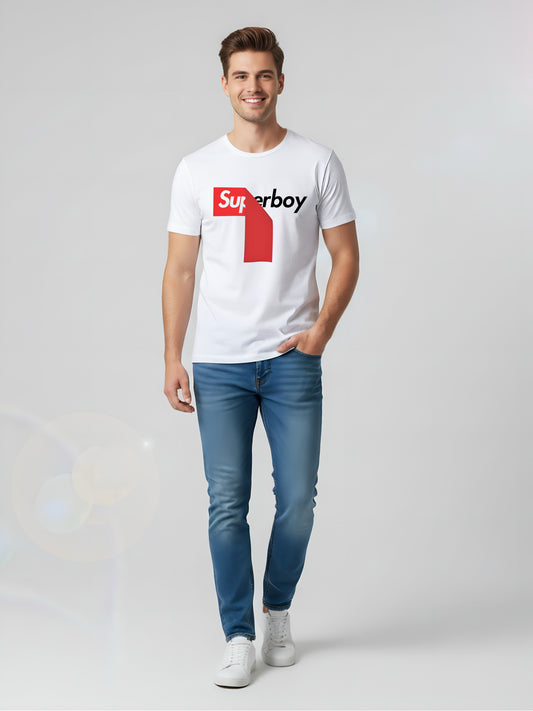 LUSSOVOGUE Men’s Premium White Superboy T-Shirt | 100% Cotton | Bold Graphic Casual Wear