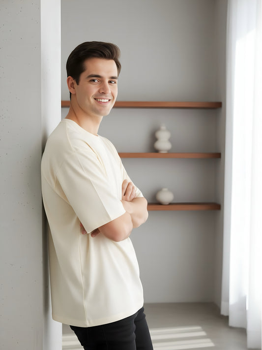 LUSSOVOGUE Men’s Oversized T-Shirt | Off White | 100% Premium Cotton | Relaxed Streetwear Fit