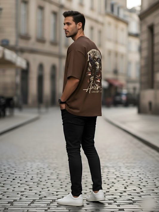 LUSSOVOGUE Men’s Oversized Brown T-Shirt | FREEDOM Eagle & Flag Graphic | Premium Cotton