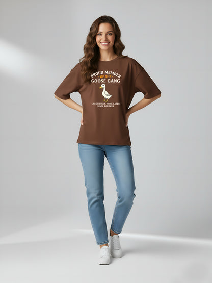 LUSSOVOGUE Women’s Premium Oversized T-Shirt Collection | Brown, Black & Maroon Goose Gang Graphic Tees | 100% Cotton