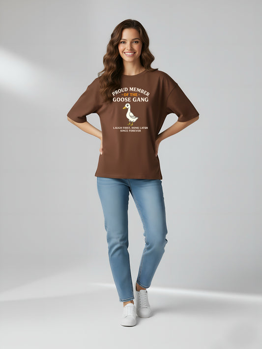 LUSSOVOGUE Women’s Premium Oversized T-Shirt Collection | Brown, Black & Maroon Goose Gang Graphic Tees | 100% Cotton