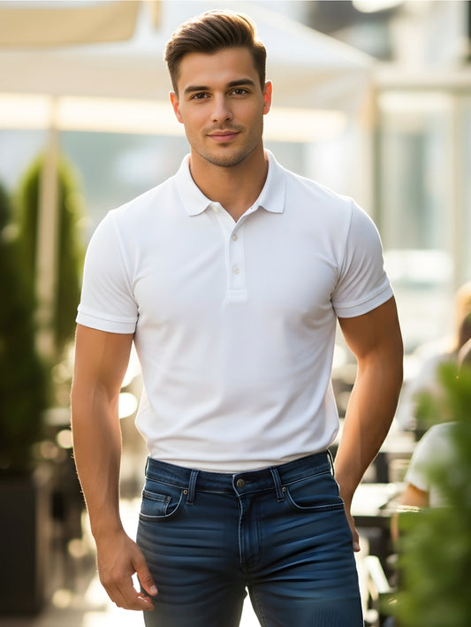 LUSSOVOGUE White Polo T-Shirt for Men | 90% Cotton 10% Polyester | Classic 3-Button Regular Fit