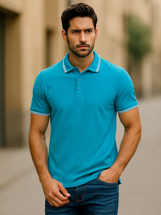 LUSSOVOGUE Electric Blue Polo T-Shirt for Men | Premium Cotton-Blend, Plain No-Pocket, Regular Fit