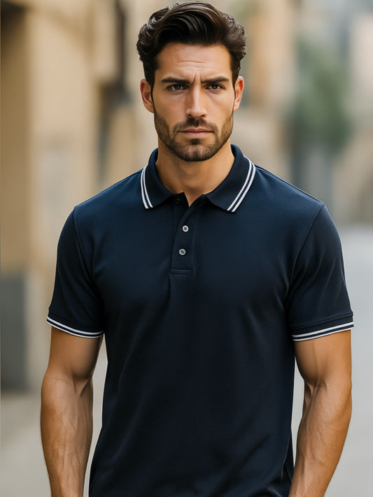 LUSSOVOGUE Navy Blue Polo T-Shirt for Men | Premium Cotton-Blend, Plain No-Pocket, Regular Fit
