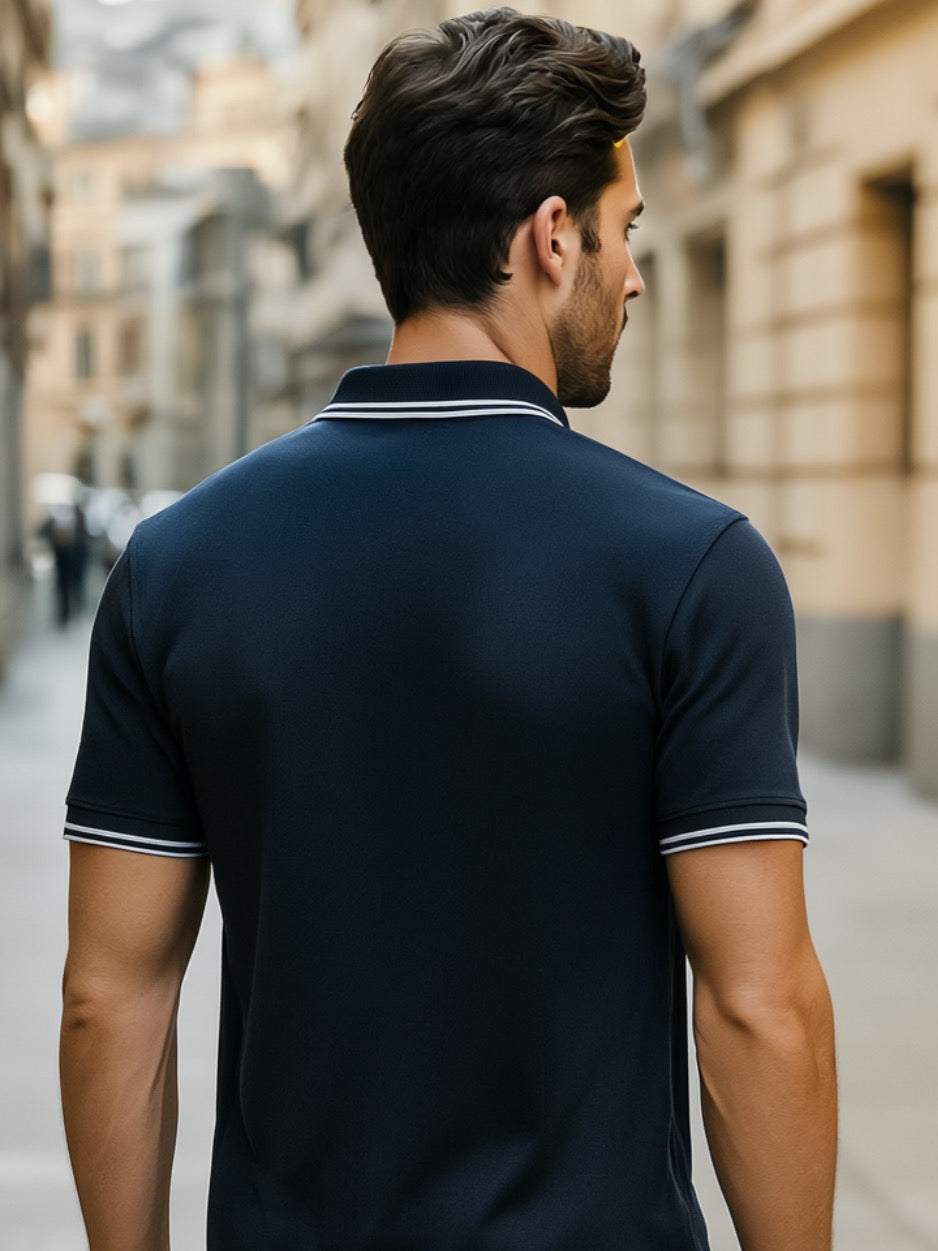 LUSSOVOGUE Navy Blue Polo T-Shirt for Men | Premium Cotton-Blend, Plain No-Pocket, Regular Fit