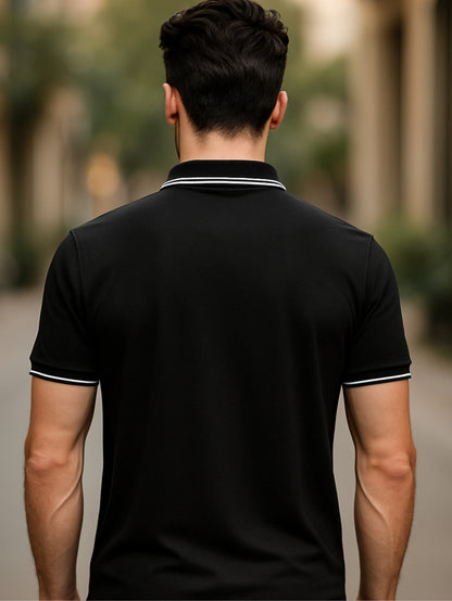 LUSSOVOGUE Black Polo T-Shirt for Men | Premium Cotton-Blend, Plain No-Pocket, Regular Fit