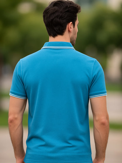 LUSSOVOGUE Electric Blue Polo T-Shirt for Men | Premium Cotton-Blend, Plain No-Pocket, Regular Fit