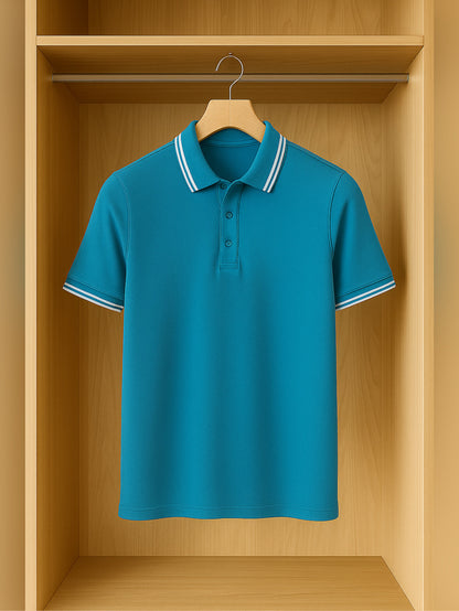 LUSSOVOGUE Electric Blue Polo T-Shirt for Men | Premium Cotton-Blend, Plain No-Pocket, Regular Fit