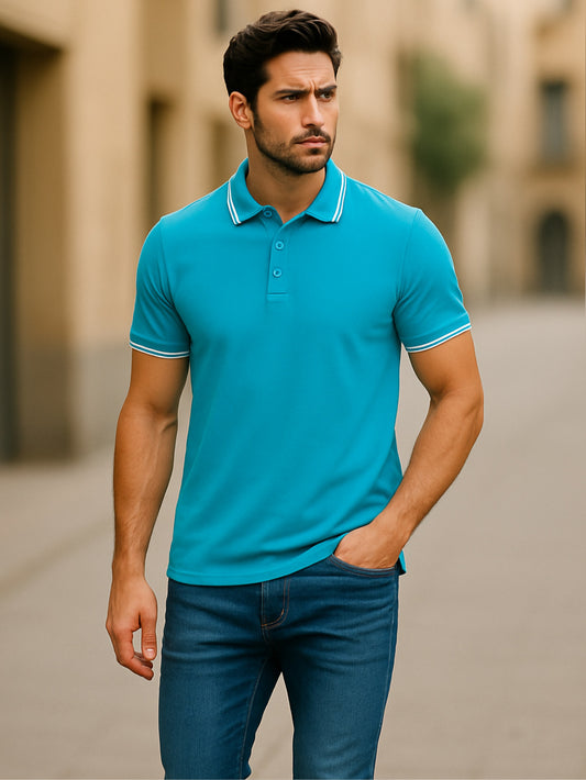 LUSSOVOGUE Electric Blue Polo T-Shirt for Men | Premium Cotton-Blend, Plain No-Pocket, Regular Fit