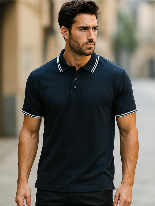 LUSSOVOGUE Navy Blue Polo T-Shirt for Men | Premium Cotton-Blend, Plain No-Pocket, Regular Fit