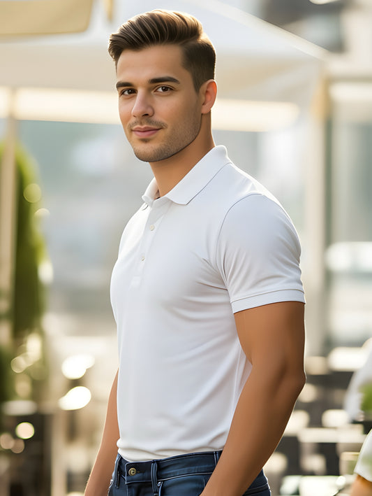 LUSSOVOGUE White Polo T-Shirt for Men | 90% Cotton 10% Polyester | Classic 3-Button Regular Fit